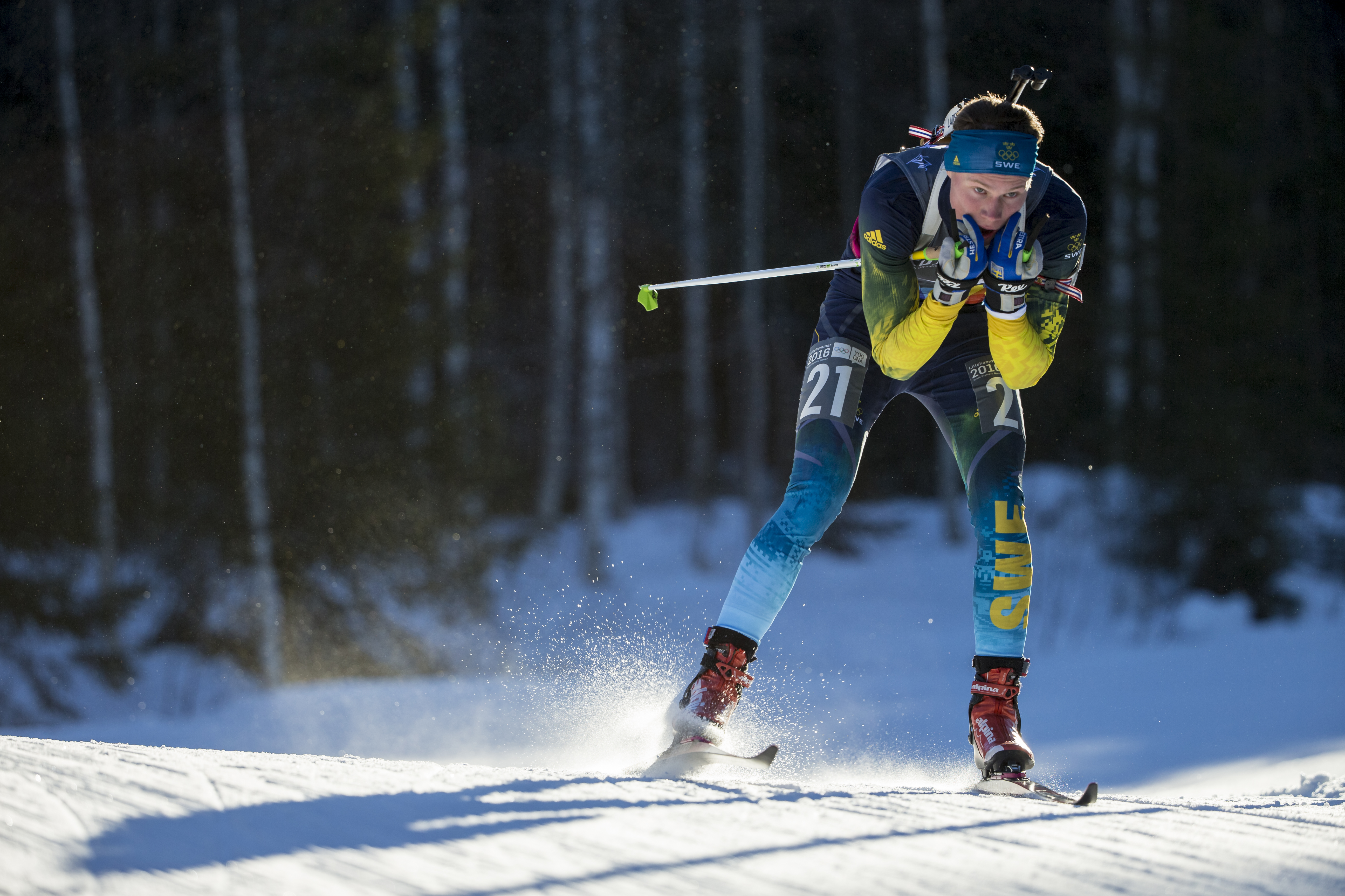 Henning Sjokvist SWE competes in the Men's Biathlon 10KM Pursuit at Birkebeineren Biathlon Stadium during the Winter Youth Olympic Games, Lillehammer Norway, 15 February 2016. Photo: Al Tielemans for YIS/IOC Handout image supplied by YIS/IOC